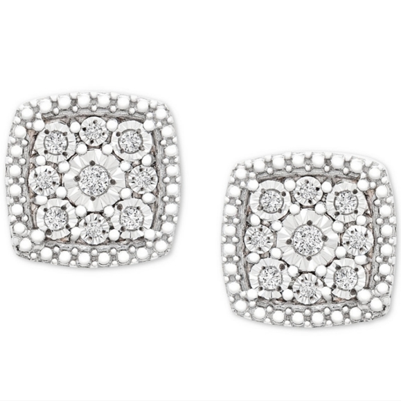 Diamond Cushion Cluster Stud Earrings 1/10 ct Sterling Silver - Picture 2 of 7